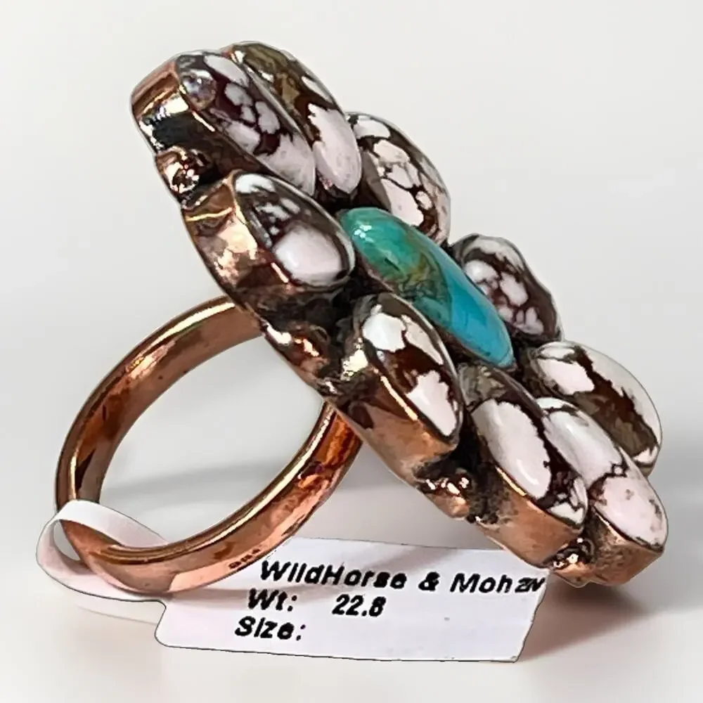 Southwestern Mojave Turquoise Wild Horse Copper Cluster Statement Ring Adjust Sz